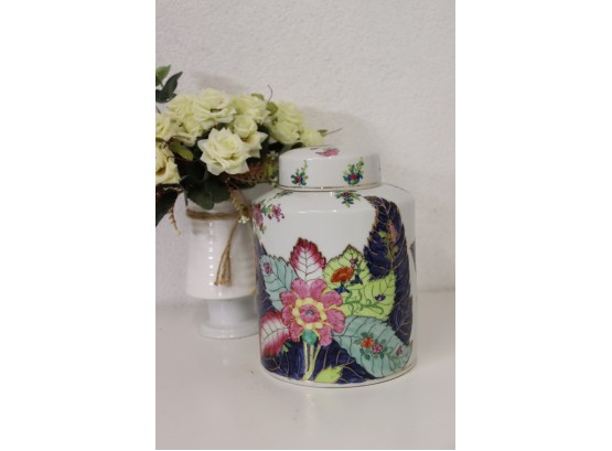 Vintage Japanese Porcelain Cylindrical Ginger Jar -  Imari-influenced Floral Design