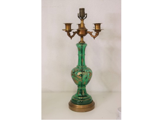 Green Glass Gourd Lamp - Golden Enamal Decoration - Triple Candelabra Sockets  Below Main Top Bulb
