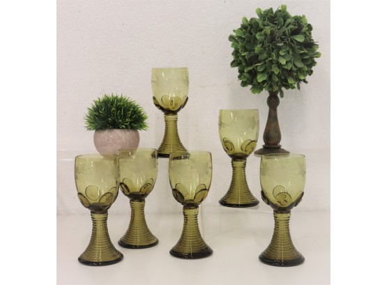 Set Of 6 Ribbed-bottom Glass Pedestal Goblets With Etched Grape Vine Motif
