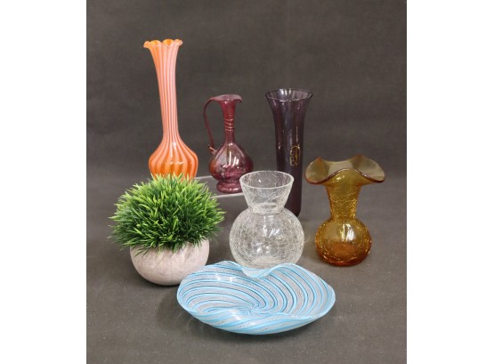 Group Lot Of 6 Colorful And Exotic Glass Vases And Dish