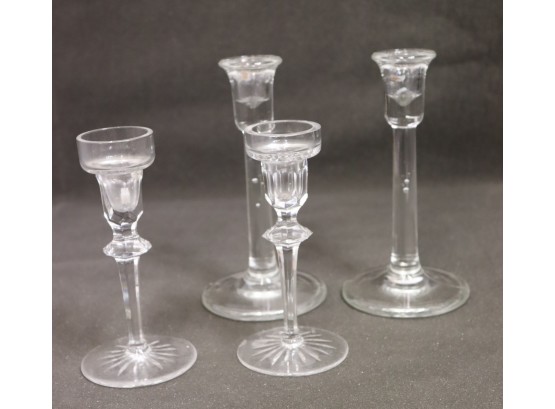 Two Pairs Of Candlesticks - Rogaska 'Richmond' Crystal & Column Stem Soda-Lime Glass (unsigned)