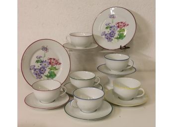 Limoges 'Ch. Field Haviland' Colored Rims And Purple Flowers Assortment- Cups & Sauers And Plates