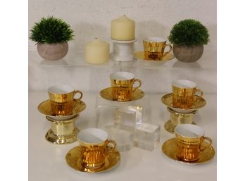 Set Of Six Royal Worcester Porcelain Cup And Saucers - Brilliant Gold Glaze Outside & White Inside