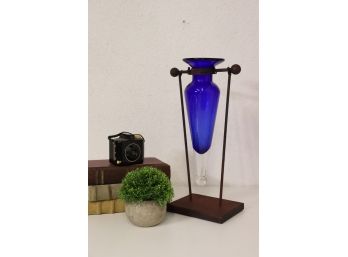Blue Glass Hanging Amphora - With Black Cradle Stand