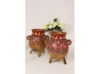 Pair Of Mayan-style Olla Pots With Bird And Flower Imagery - Tripod Base & Pentagon Handles