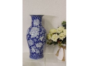 Blue & White Floral Baluster Vase - Made In Canton China