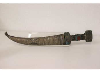 Antique Curved Dagger Morrocan 'Koummya' - Handle Decorated With Copper And Red Stone