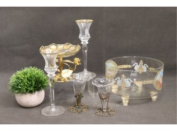 Group Lot Of Decorative Glasses Amd Bowls- Painted And Metal Rimmed