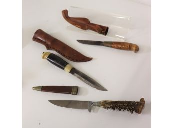 Group Lot Of 3 HandMade Vintage Knives - Artisan Handles And Sheaths
