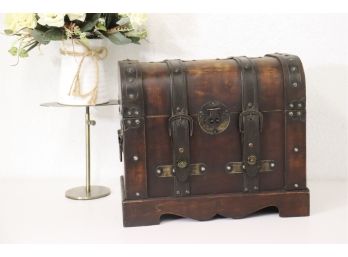 Small Wooden Treasure Chest - Leather Straps And Metal Hardware