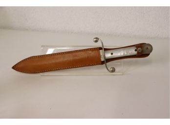Vintage Double Edge Hunting Knife -Signed- Double Curve Guard And Mother Of Pearl Inlays - Leather Sheath