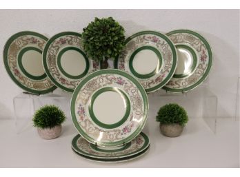 Set Of 6 Baronet F&B Co. Bohemian Dinner Plates - Green And Gold Banding Enclosing Floral Design