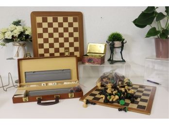 Group Lot Of Chess Boards And Chess Pieces And Rummikub Set