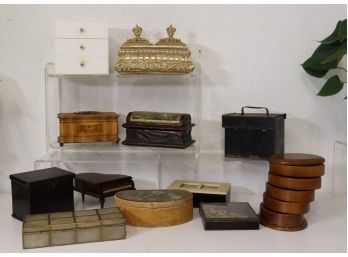 A Dozen Decorative Boxes - Mix Of Shapes, Materials, Styles, And Sizes - Age Varies