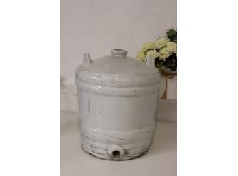 White Ceramic Basket Braid Asian Ewer With Bottom Spout And Top Fill