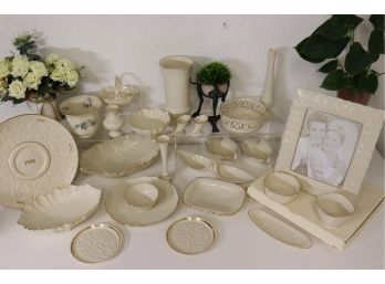 Group Lot Variety Of Ivory-White And Gold-tone Band Ceramic Wares And Serving Pieces