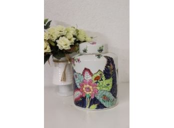 Vintage Japanese Porcelain Cylindrical Ginger Jar -  Imari-influenced Floral Design