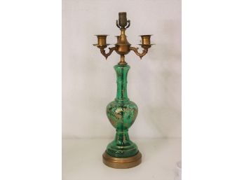 Green Glass Gourd Lamp - Golden Enamal Decoration - Triple Candelabra Sockets  Below Main Top Bulb