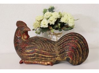 Carved Wooden Hen - Red, Black, & Gold Weathered Patina