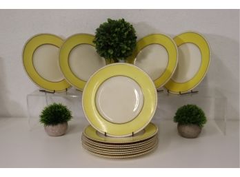 Set Of 12- Vintage Fondeville AmbassadorWare Dinner Plates - Butter Yellow Band & Gold Trim Against White Cent