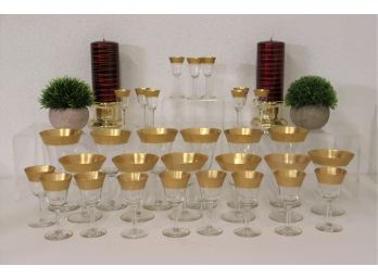 Massive 30 Piece Set Of Gold Overlay Flared Rim Wine Glasses - 4 Different Sizes