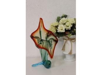 Hand-Blown Glass Sculptural Vase - Calla Lily Inspired With Scroll Front Foot