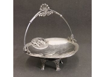 Vintage Service Tray With Cherub Relief Medallions - Footed Base And Hinged Top Handle Silver Plate