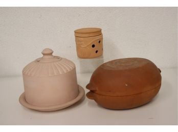 Trio Of Terra Cotta Kitchen Storage And Cooking Vessels - Including A La Cotta Brevetto Baking Cloche