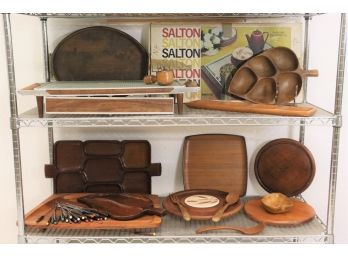 Massive Two Shelf Lot Of Vintage Wooden Serveware, Classic Salton HotTray, And Fodue Forks!