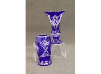 Two Vintage Bohemian Crystal Cobalt Blue To Clear Vases - Bulb Cylinder Shape And Classic Jardiniere Shape