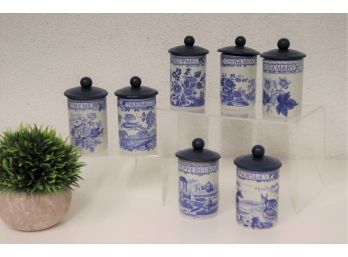 Set Of Six Spice Jars 'Geranium' - From The Blue Room Collection - Official Reproduction By Spode