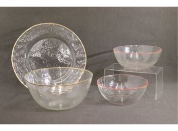 Three Bowls And A Platter - Hammered Glass With Gold Edging And Smooth Glass With Red Edging