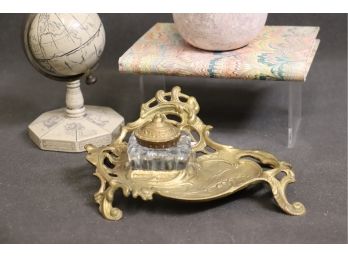 Vintage Art Nouveau Footed Inkwell - Glass Reservoir And Brass-tone Metal Base