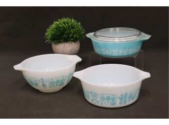 Set Of 3 Vintage Pyrex Butterprint Amish Casseroles And Mixing Bowl - All 1.5 Pint