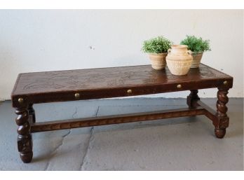 Vintage Hand-tooled Leather Top Coffee Table Ornate Wood Frame