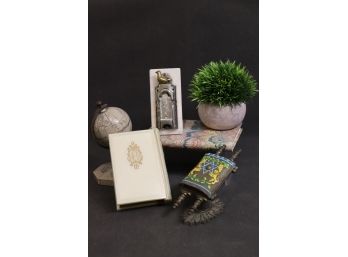 Collection Of Judaica Smalls - Hand-painted Brass Torah, Dove Of Peace Mezuzah, Mini Prayer Book