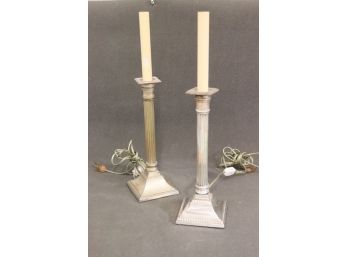 A Pair Of Wm. Adams Column Candlestick Lamps - Silver-Plate - 18' Tall