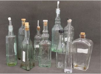 Group Lot Of 10 Glass Bottles - Clear, Smooth, And Patterned