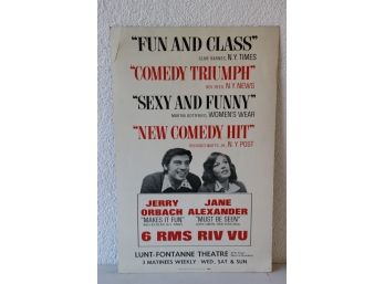 Vintage Broadway Show Promo Poster - '6 RMS RIV VU' - Jerry Orbach & Jane Alexander