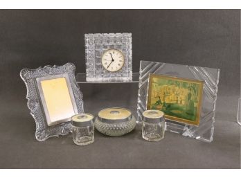 6 Decorative Glass Objects - Frames, Clock, And Jars