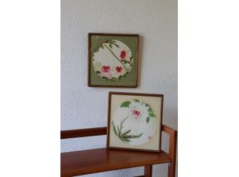 Set Of 2 Vintage Asian Tropical Floral Prints - Round Matting  Square Frames