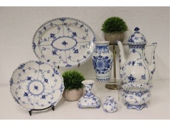 Collection Of Royal Copenhagen Delft Serveware And A Belgian Delft Vase - 7 Pieces In Total