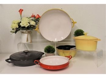 Vintage Kitchen Shelf Lot Of Enameled Cast-Iron Cookware - Casserole, Brazier, And Bundt Fiesta Party Pan