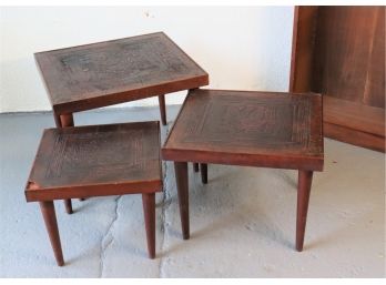 Vintage Tooled Leather And Wood Nesting-Stacking Low Tables (3)