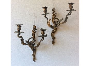 Louis XV Style Wall Candelabras - Cast Metal Ebony And Gold Coloring