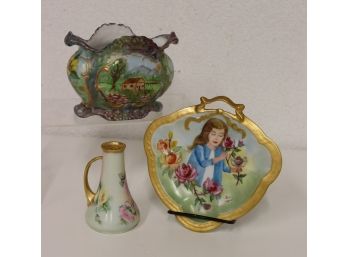 Trio Of Hand-painted Pastoral Ceramic Pieces