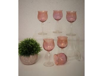 Set Of Six Rose Pink Flared Burgundy Wine Glasses