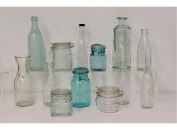 Collection Of Glass Bottles And Jars - Including Vintage Ball  Ideal Blue Glass Jars With Wire Bale Tops