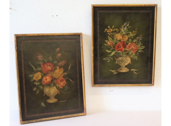 Pair Of Framed Floral Still Life - On Leather