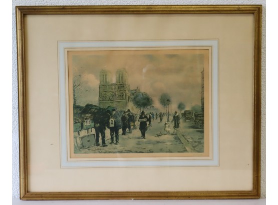 Framed And Signed ' Book Vendors In Paris 'in Front Of Notre Dame